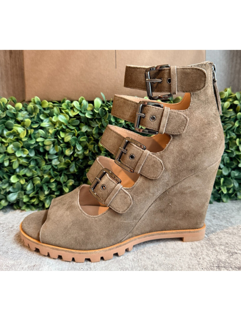 Linea Paolo Wisteria Dark Olive Suede Cage Wedge Sandals Peep Toe Womens 9 M